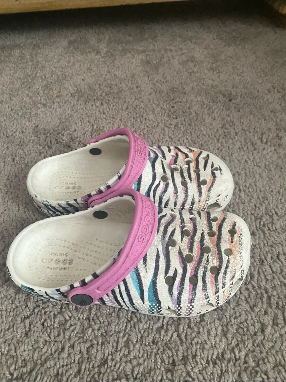 Classic CROCS Kids White Clog with Pink Strap and Multicolor Zebra Stripes
